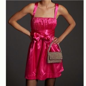 Anthropologie Maeve Hot Pink Bow Tie Satin Mini Babydoll Dress Size 6